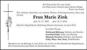 Traueranzeige Marie Zink