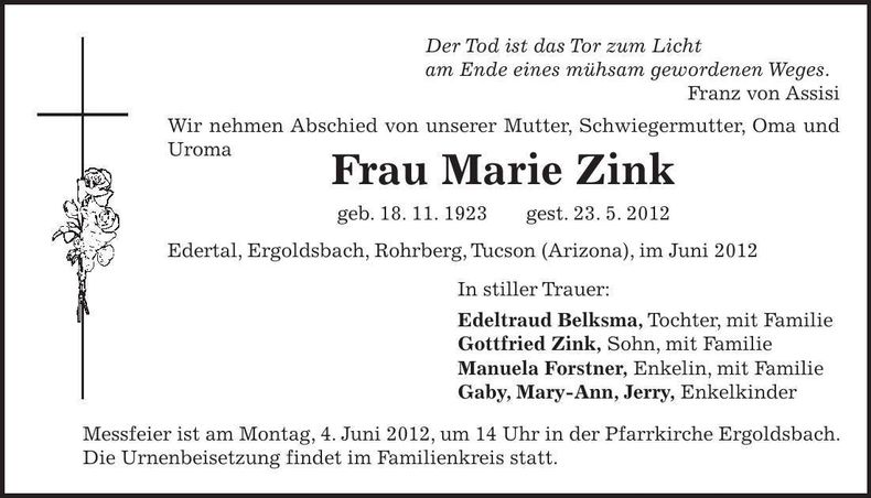 Traueranzeige Marie Zink