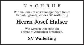 Traueranzeige Josef Halser