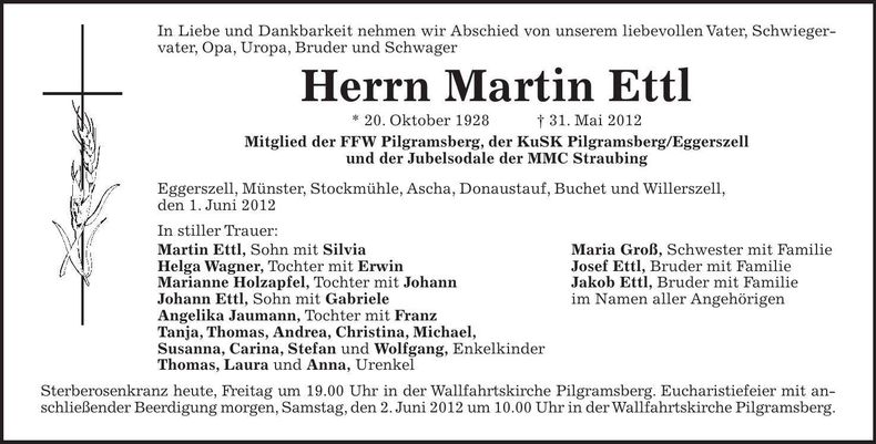 Traueranzeige Martin Ettl