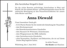 Traueranzeige Anna Diewald