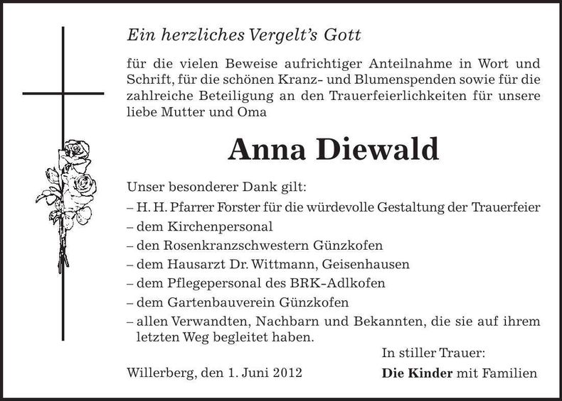Traueranzeige Anna Diewald