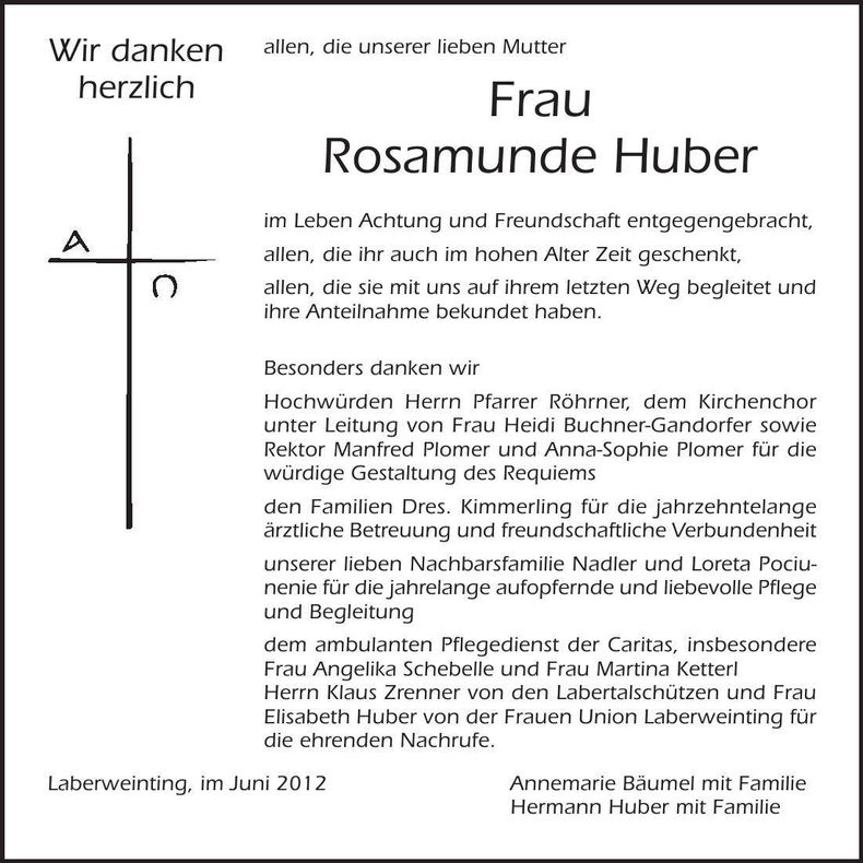 Traueranzeige Rosamunde Huber