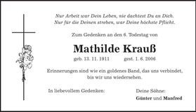Traueranzeige Mathilde Krauß