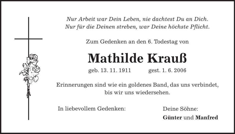 Traueranzeige Mathilde Krauß