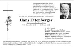 Traueranzeige Hans Ettenberger