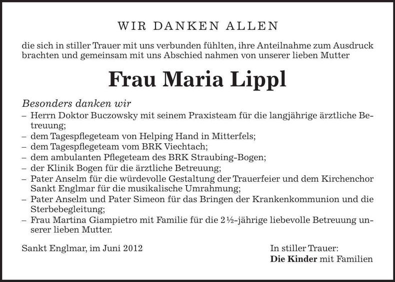Traueranzeige Maria Lippl