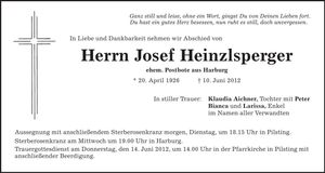 Traueranzeige Josef Heinzlsperger
