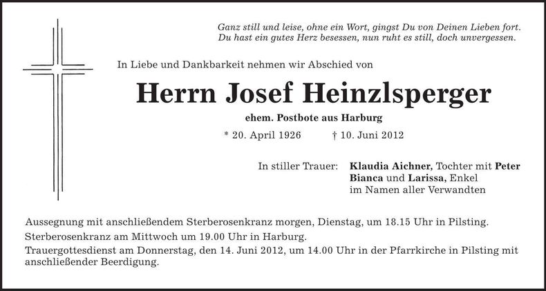 Traueranzeige Josef Heinzlsperger