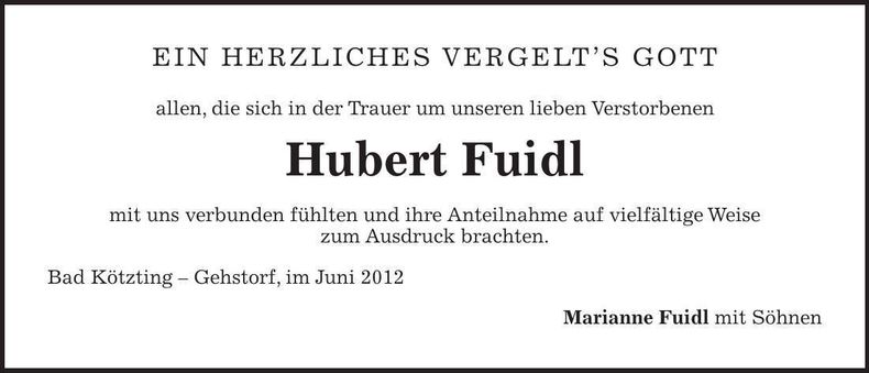 Traueranzeige Hubert Fuidl