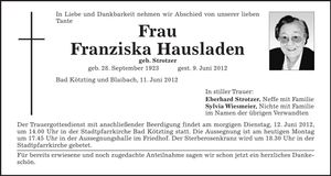 Traueranzeige Franziska Hausladen