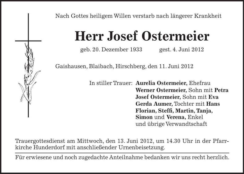 Traueranzeige Josef Ostermeier