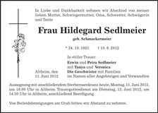 Traueranzeige Hildegard Sedlmeier