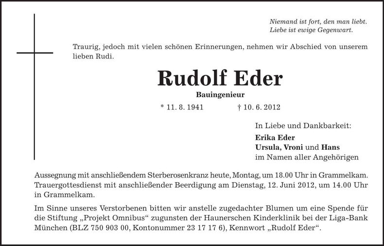 Traueranzeige Rudolf Eder
