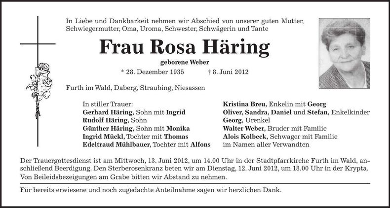 Traueranzeige Rosa Häring