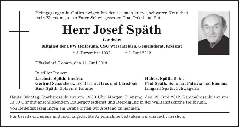 Traueranzeige Josef Späth