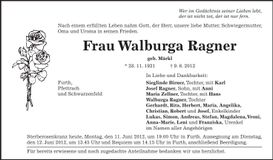 Traueranzeige Walburga Ragner