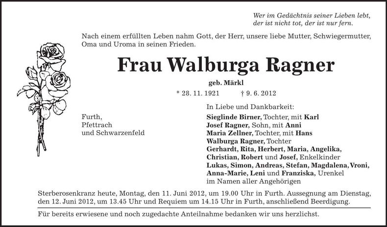 Traueranzeige Walburga Ragner
