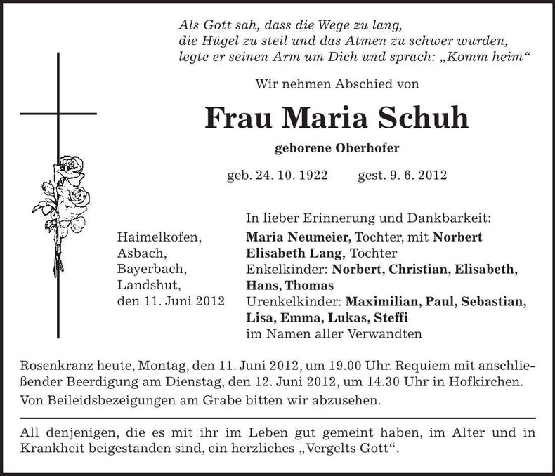 Traueranzeige Maria Schuh