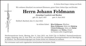Traueranzeige Johann Feldmann