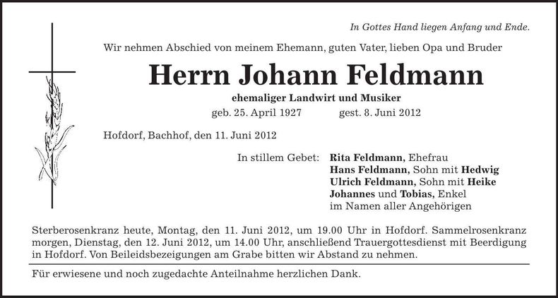 Traueranzeige Johann Feldmann
