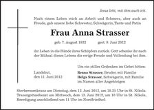 Traueranzeige Anna Strasser
