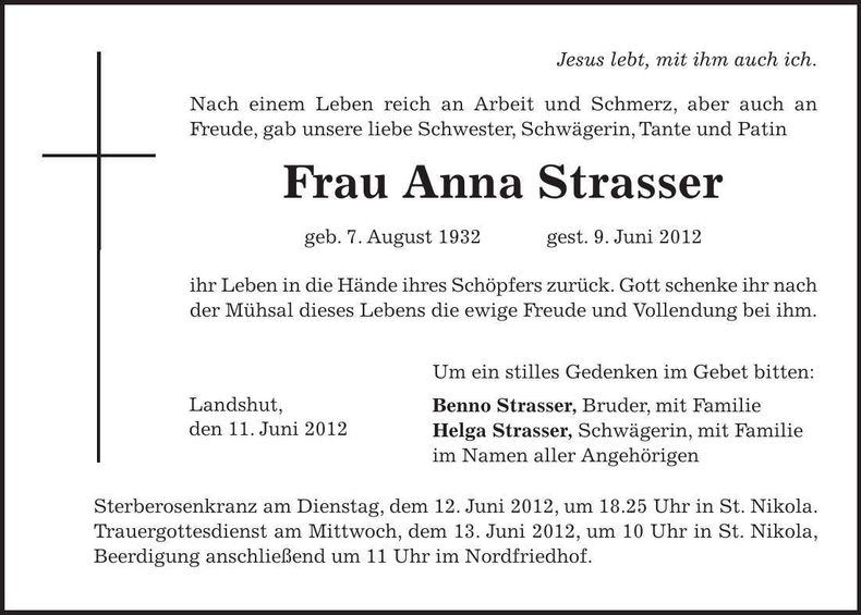 Traueranzeige Anna Strasser