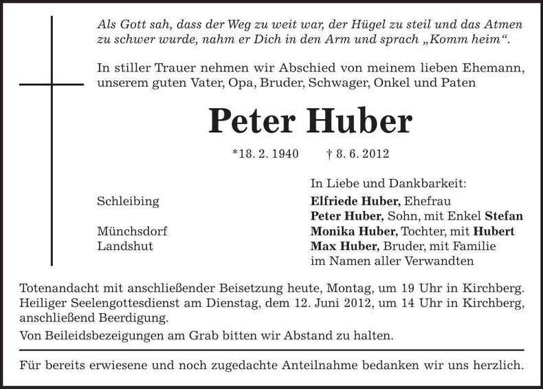 Traueranzeige Peter Huber