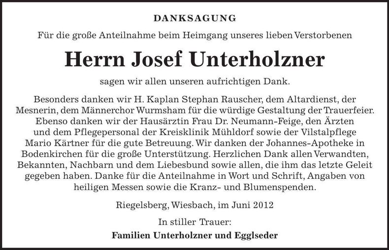 Traueranzeige Josef Unterholzner