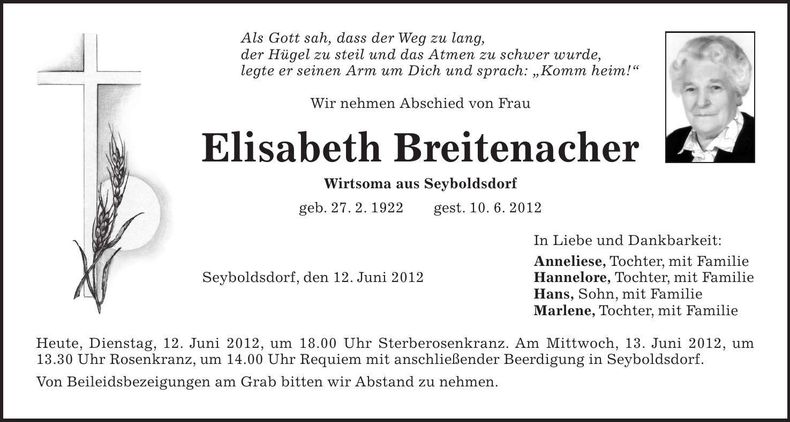 Traueranzeige Elisabeth Breitenacher