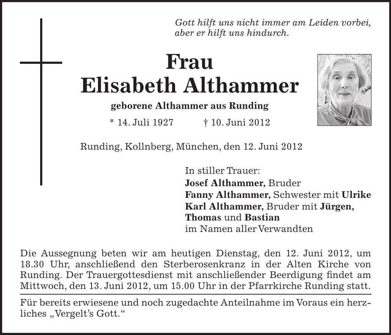 Traueranzeige Maria Althammer