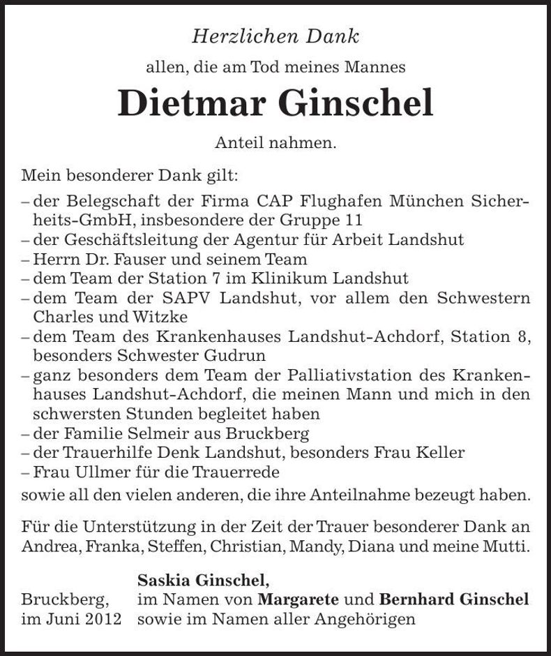 Traueranzeige Dietmar Ginschel