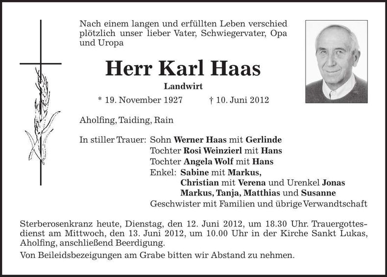 Traueranzeige Karl Haas