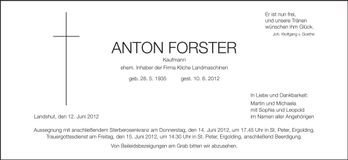 Traueranzeige Anton Forster