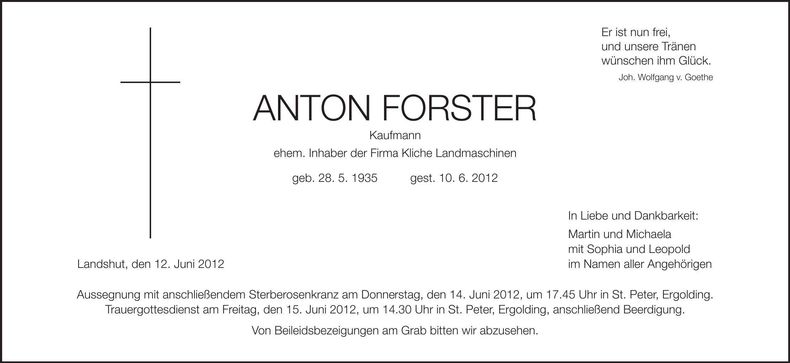 Traueranzeige Anton Forster