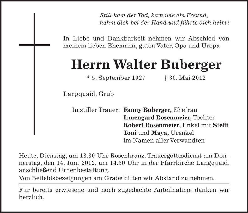 Traueranzeige Walter Buberger