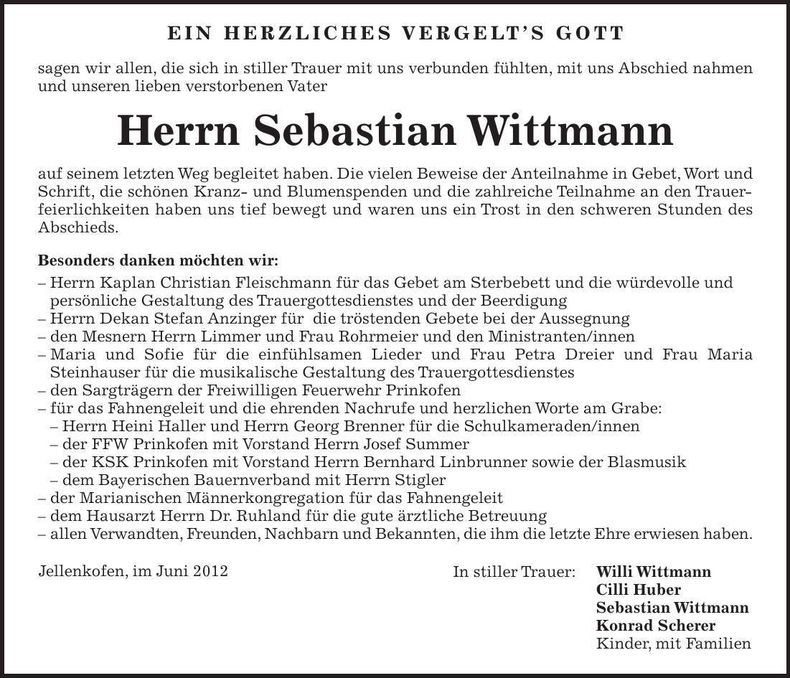 Traueranzeige Sebastian Wittmann