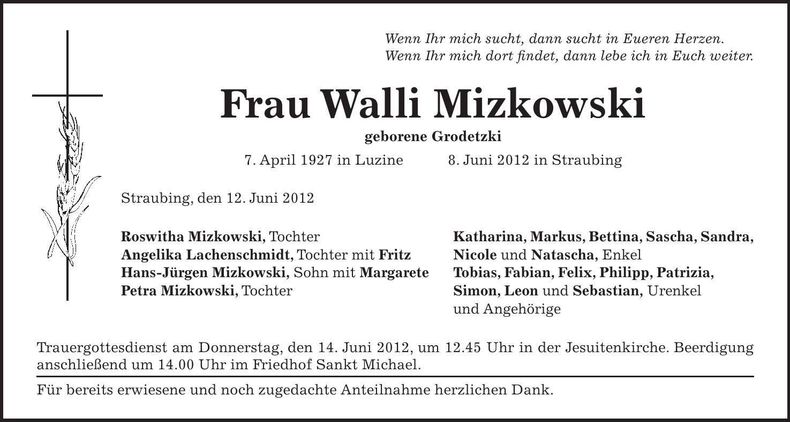 Traueranzeige Walli Mizkowski