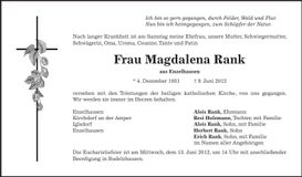 Traueranzeige Magdalena Rank