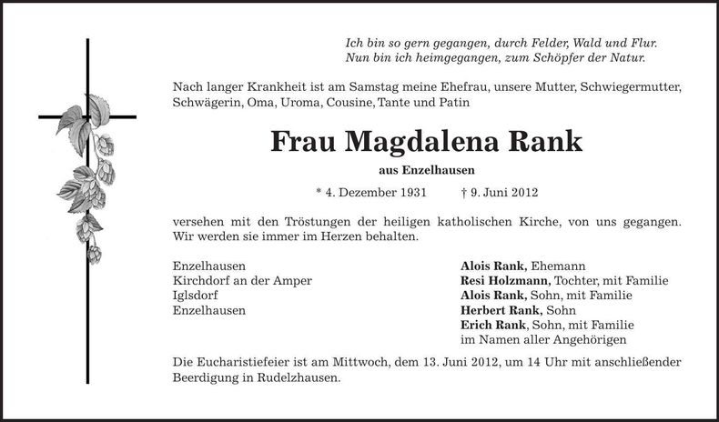 Traueranzeige Magdalena Rank