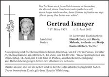 Traueranzeige Gertrud Ismayer