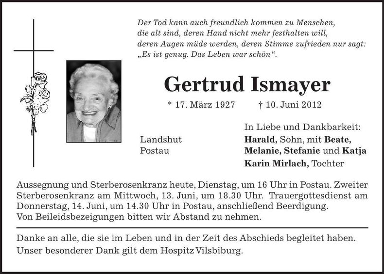 Traueranzeige Gertrud Ismayer