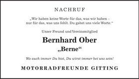 Traueranzeige Bernhard Ober