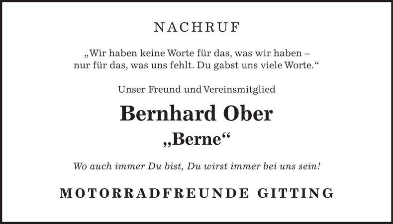 Traueranzeige Bernhard Ober
