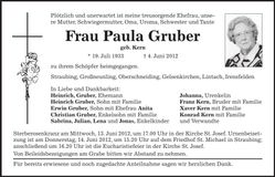 Traueranzeige Paula Gruber