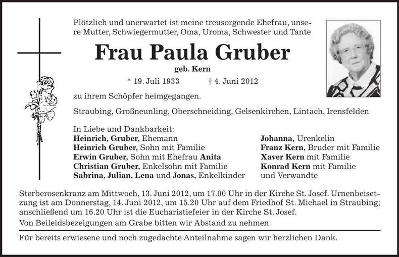 Traueranzeige Paula Gruber