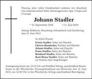Traueranzeige Johann Stadler