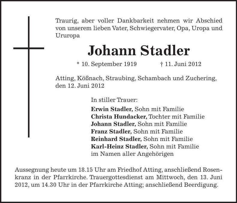 Traueranzeige Johann Stadler