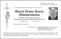 Traueranzeige Franz Xaver Zimmermann