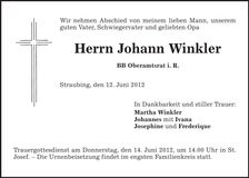Traueranzeige Johann Winkler